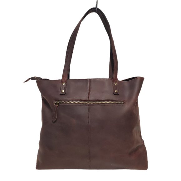S-ZONE Shoulder Tote Bag Brown Cowhide Leather Zip Top 17.5x13